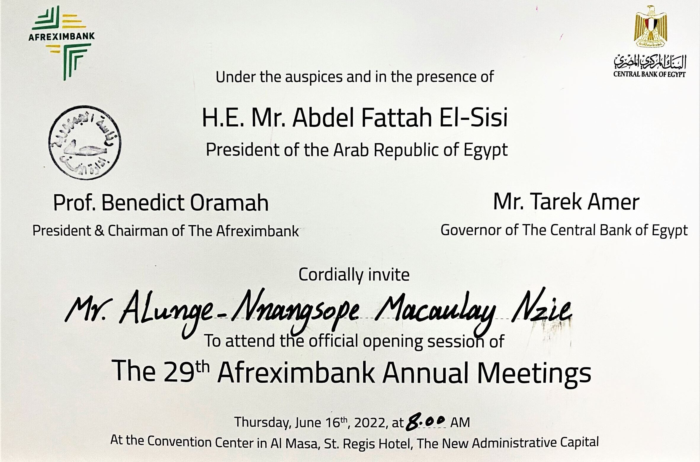 Mac Alunge invited by the President of Egypt, Governor of Central Bank of Egypt and Director of Afreximbank resized